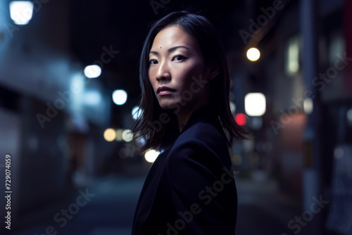 Asian businesswoman portrait looking confident on a night scene copy space background