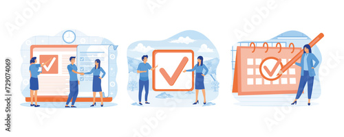 Done job concept. Happy business people celebrate completed check mark after finish responsible project. Beautiful business woman stands near big schedule with huge check mark on it. set flat vector m