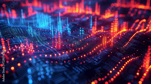 Visualisation of complex data networks with nodes and flowing information streams.