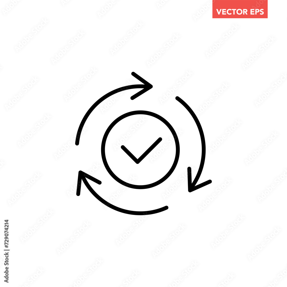 Black round checking process sync approved line icon, simple turning arrows syncing flat design pictogram vector for app logo ads web webpage button ui interface elements isolated on white background Black round checking process sync approved line icon, simple turning arrows syncing flat design pictogram vector for app logo ads web webpage button ui interface elements isolated on white background