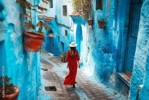 Young woman with red dress visiting the blue city Chefchaouen, Marocco - Happy tourist walking in Moroccan city street - Travel and vacation lifestyle, Generative AI