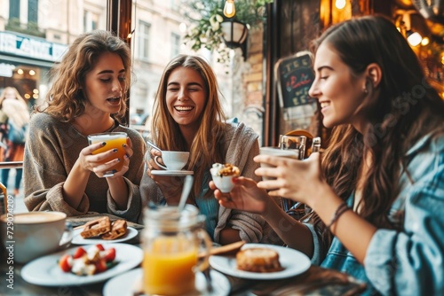 Three young women enjoying breakfast drinking coffee sitting at bar cafeteria - Life style concept with female friends hanging out on city street - Food  beverage and friendship  Generative AI