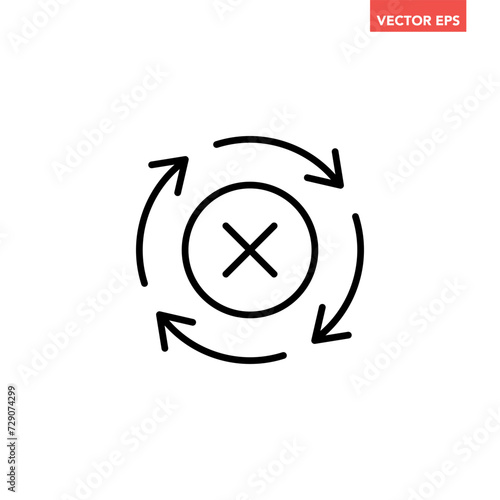 Black round check sync unapproved line icon, simple cycle rotating arrows syncing flat design pictogram vector for app logo ads web webpage button ui ux interface elements isolated on white background