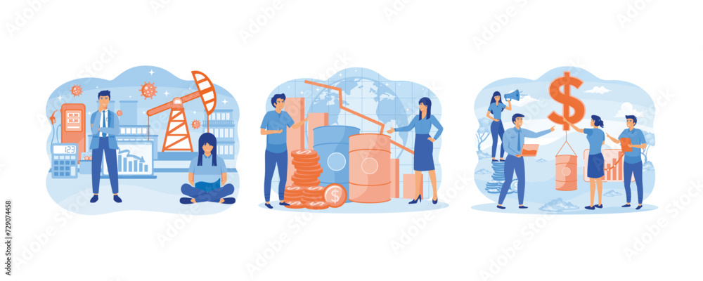 Oil price decreasing. Falling oil prices. Oil price growth. set flat vector modern illustration 