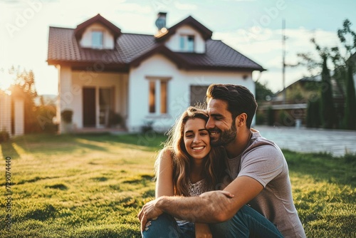 Happy young couple standing in front of new home - Husband and wife buying new house - Life style real estate concept, Generative AI