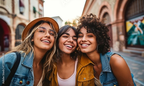 Three young multiracial women having fun on city street outdoors - Mixed race female friends enjoying a holiday day out together - Happy lifestyle, youth and young females, Generative AI