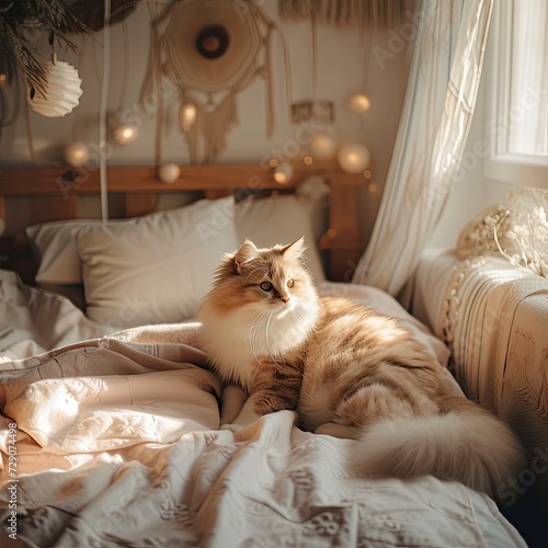 A square photo of a cat lying on the bed in the bedroom. A cute pet in a home environment