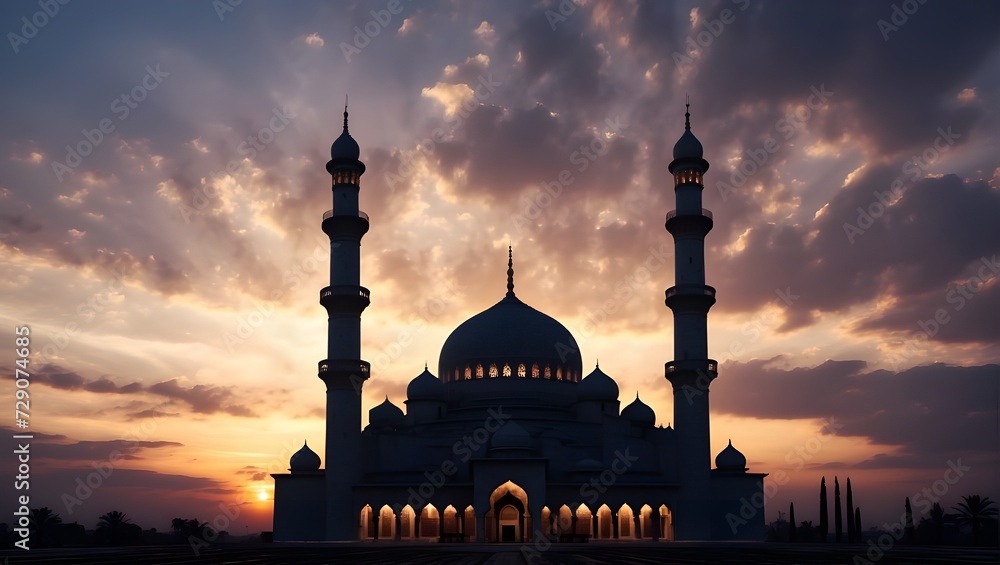 silhouette of the mosque with twilight background and clouds. ramadan mosque.
