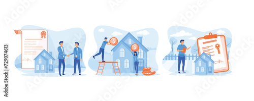 Mortgage process. Male and female receiving bank approval. Businessman signing contract and legal documents. set flat vector modern illustration 