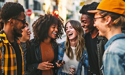 Multiracial friends having fun laughing together outside. Group of young people socializing talking and joking on urban street. Youth community concept with guys and girls meeting in city,GenerativeAI