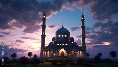 silhouette of the mosque with twilight background and clouds. ramadan mosque. © DwiAugustR