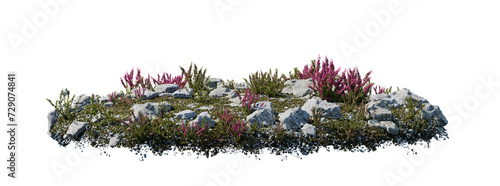 round surface patch covered with flowers, green leaf rock plant or dry grass isolated on transparent background. Realistic natural element for design. Bright 3d illustration.