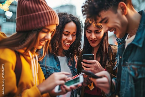 Diverse group of young people using mobile phone device. Happy teenagers having fun watching funny video on smartphone. Trendy life style concept with guys and girls using cellphone, Generative AI photo