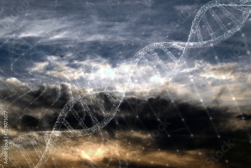 Cloudy sunset sky with illustrated digital dna chain background.