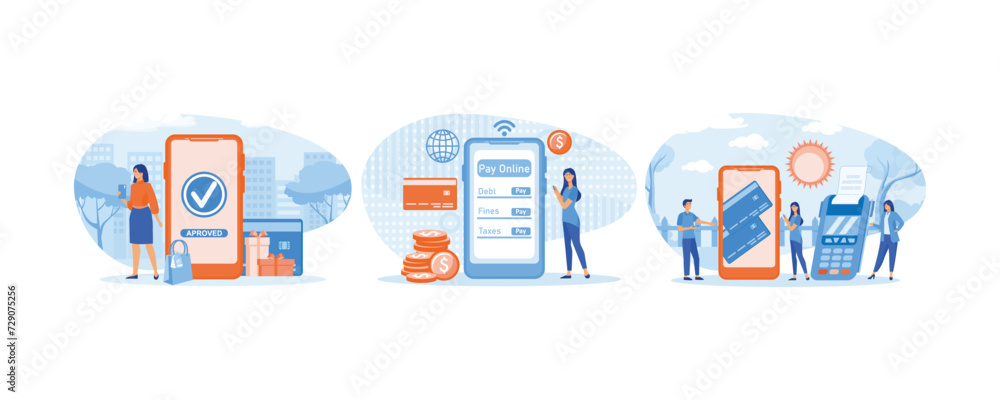 Woman pays successfully and safely. Online payment. People paying taxes and debts on the cell phone apps using card. set flat vector modern illustration 