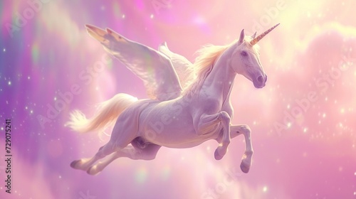 Create an enchanting scene of a majestic unicone horse soaring gracefully through a vibrant  cotton candy-colored sky.