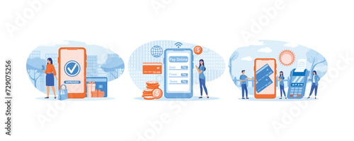 Woman pays successfully and safely. Online payment. People paying taxes and debts on the cell phone apps using card. set flat vector modern illustration 