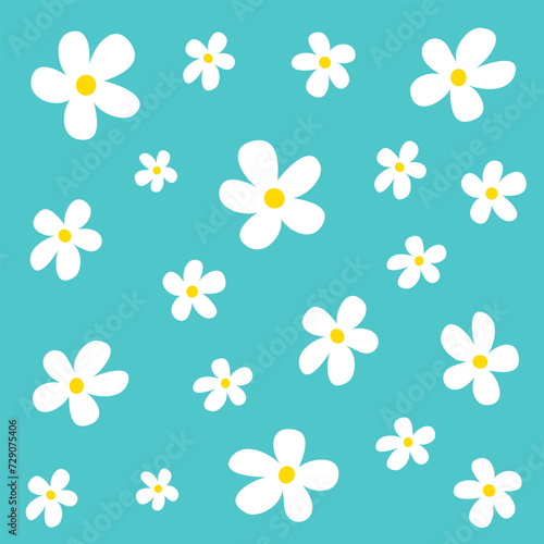 Daisy flower pattern. White chamomile camomile icon set. Cute plant collection. Growing concept. Wrapping paper textile template. Greeting card, banner. Blue background.