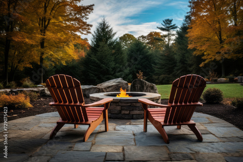 Cozy autumn backyard with fire pit and adirondack chairs