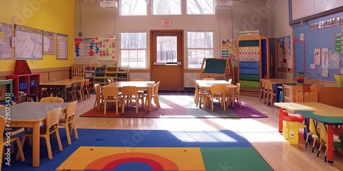 Preschool and daycare concept with plenty of interior space for children to play. Empty with no people photo