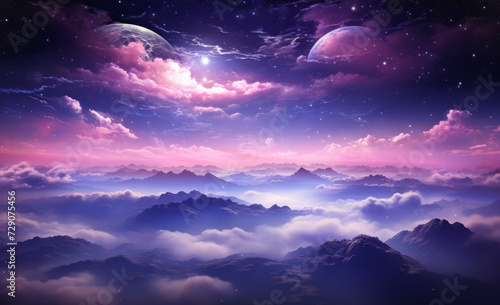 Fantasy space view with mountains, clouds, and celestial bodies