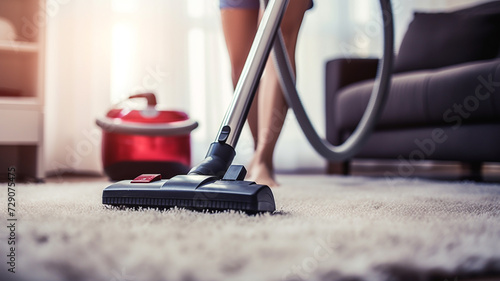 Woman cleaning carpet with vacuum cleaner at living room