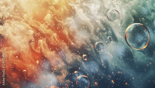 Swirling grunge patterns and textures with bokeh bubbles rising towards the sky