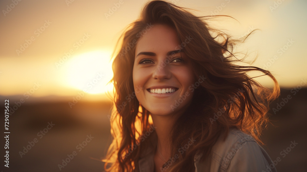 woman smiling in the park at sunset background