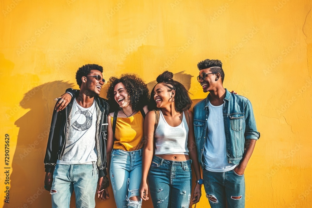 Happy multiracial friends standing over isolated background. Cheerful young people socializing outdoors. University students laughing together on yellow wall. Youth culture and friendship,GenerativeAI
