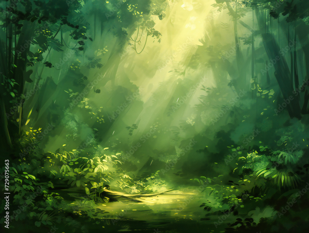 Mystical forest landscape with sun rays piercing through the fog, creating a magical and enchanting atmosphere in a lush green environment
