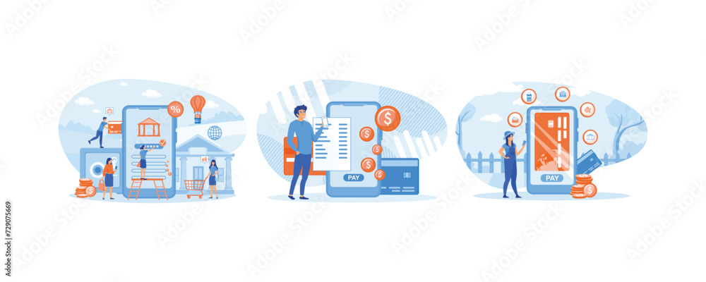 Mobile banking and finance management. Internet banking pay bills online using your mobile phone. Female hand holding a phone with different types of payments. set flat vector modern illustration Mobile banking and finance management. Internet banking pay bills online using your mobile phone. Female hand holding a phone with different types of payments. set flat vector modern illustration