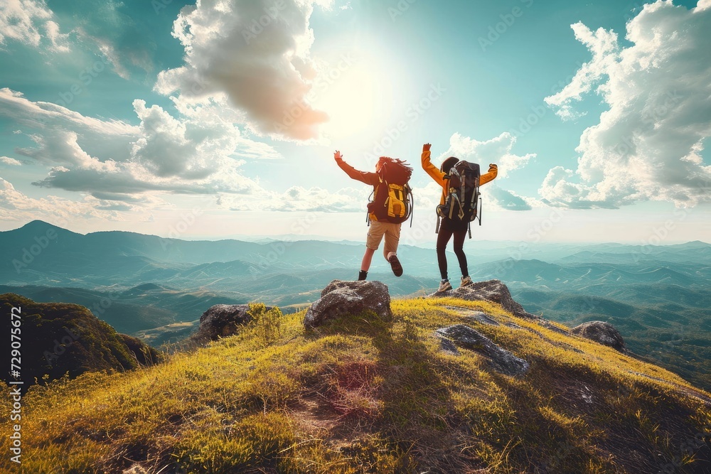 Hikers with backpacks jumping with arms up on top of a mountain - Couple of young happy travelers climbing the peak - Family, travel and adventure, Generative AI - obrazy, fototapety, plakaty 