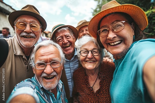 Happy group of senior people smiling at camera outdoors - Aged friends taking selfie pic with smart mobile phone device - Life style concept with pensioners having fun together on summer,Generative AI