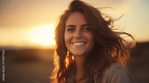 woman smiling in the park at sunset background © Yuwarin