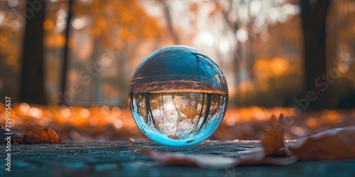 Crystal ball outdoors in natural landscape for psychic predictions of the future photo