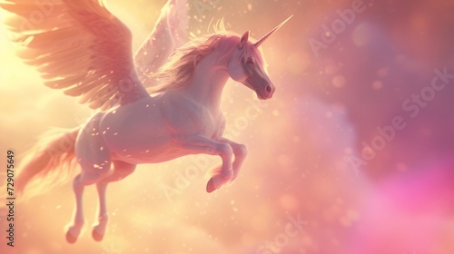 Create an enchanting scene of a majestic unicone horse soaring gracefully through a vibrant  cotton candy-colored sky.