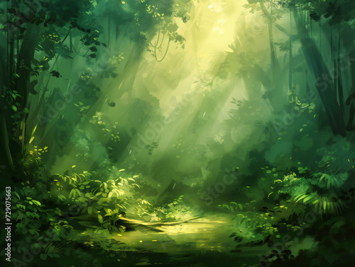 Mystical forest landscape with sun rays piercing through the fog  creating a magical and enchanting atmosphere in a lush green environment
