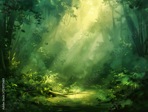 Mystical forest landscape with sun rays piercing through the fog, creating a magical and enchanting atmosphere in a lush green environment