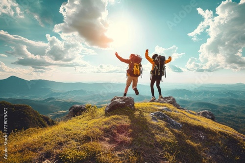 Hikers with backpacks jumping with arms up on top of a mountain - Couple of young happy travelers climbing the peak - Family, travel and adventure, Generative AI photo