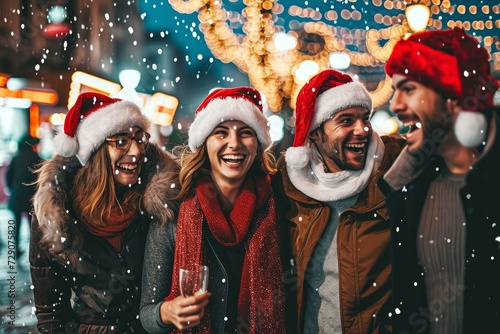 Happy friends wearing santa claus hat celebrating Christmas eve together - Young people having fun walking in Christmas market street - Winter holidays, Generative AI