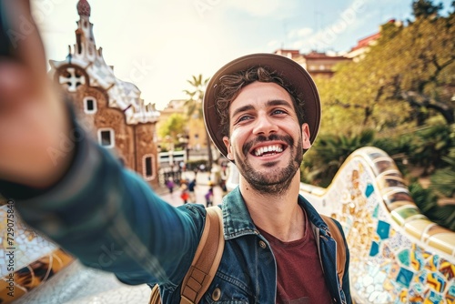 Fotografia, Obraz Happy tourist take selfie self-portrait with smartphone in Park Guell, Barcelona
