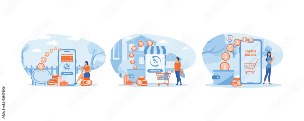 Cash back. Happy customer get rewards. Woman in smart phone returns percentage of money, coins, cash from purchases from online store to large wallet. set flat vector modern illustration 