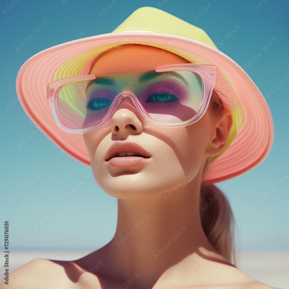 Elegant woman in a beach attire featuring a multicolored visor hat and oversized sunglasses