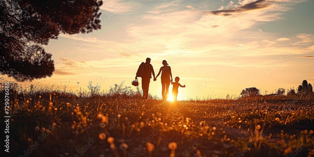 Silhouette of happy family walking in the meadow at sunset  - Mother, father and child son having fun outdoors enjoying time together - Family, love, mental health and happy lifestyle, Generative AI - obrazy, fototapety, plakaty 