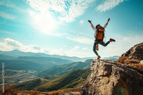 Happy man with backpack jumping on top of the mountain - Delightful hiker with arms up standing over the cliff - Sport and travel life style concept, Generative AI