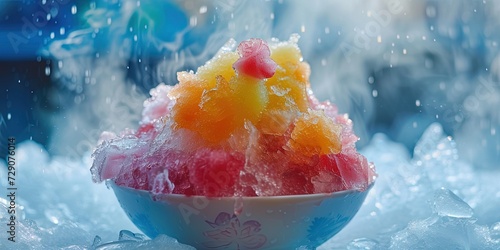Colorful fruit flavored shaved ice summer treat on colorful background