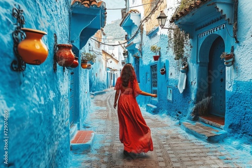 Young woman with red dress visiting the blue city Chefchaouen, Marocco - Happy tourist walking in Moroccan city street - Travel and vacation lifestyle, Generative AI © Pixel Nirvana