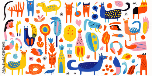 Whimsical animal illustrations in vibrant colors for children's decor photo