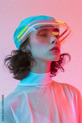 Fashion forward woman sporting a retro style visor and glasses with colorful lighting photo