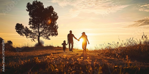 Silhouette of happy family walking in the meadow at sunset - Mother, father and child son having fun outdoors enjoying time together - Family, love, mental health and happy lifestyle, Generative AI